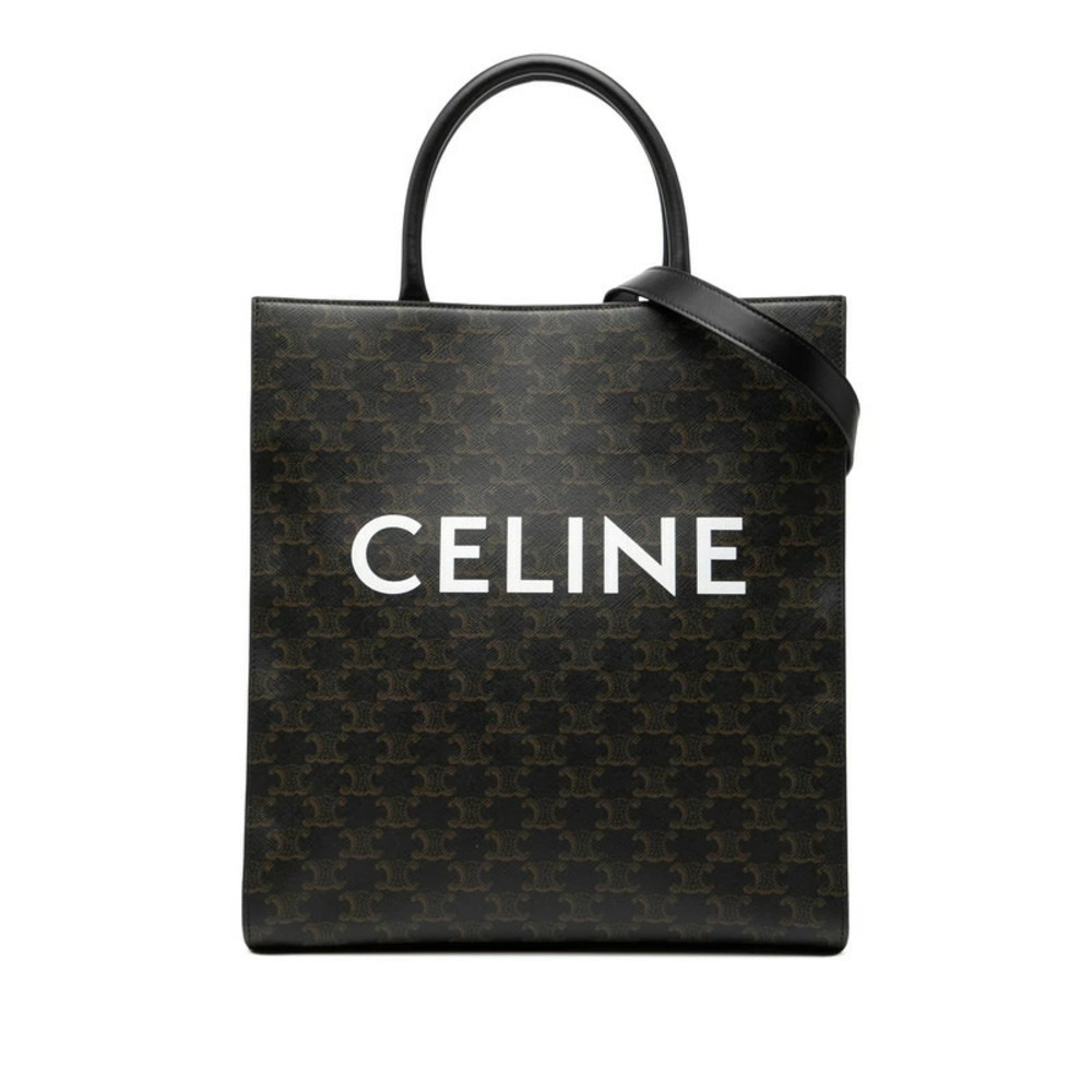 Celine Triomphe Vertical Cabas Shoulder Bag Tote Black Brown Leather